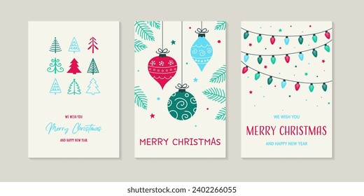 Christmas tree, ball and lights. Greeting cards concept. Vector illustration