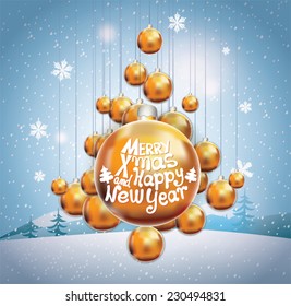 Christmas tree with ball. Merry X-mas and Happy New Year. Christmas card.