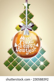 Christmas tree with ball. Merry X-mas and Happy New Year. Christmas card.
