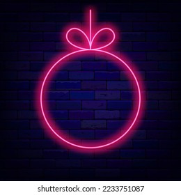 Christmas tree ball neon icon. Pink empty frame. Night club and bar. Copy space. Holiday celebration. Light border on brick wall. Editable stroke. Vector stock illustration