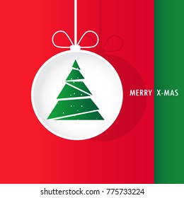 Christmas tree and ball on red background of Christmas greeting card. Vector illustration