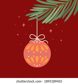 bola de árbol de Navidad en rama de abeto, diseño de año nuevo. Elemento vector dibujado a mano para decoración, invitación, afiche, postal, logotipo, diseño web, banner
