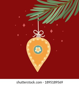 Weihnachtsbaumball auf Fichtenzweig, Neujahrsdesign. Handgezeichnetes Vektorelement für Dekoration, Einladung, Poster, Postkarte, Logo, Webdesign, Banner