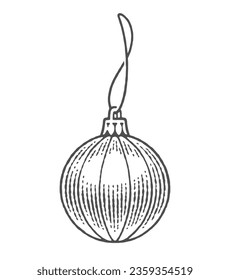 Christmas tree ball, ornament. Hand drawn engraving style illustrations.