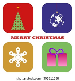 Christmas tree, Christmas ball, Christmas present and snowflakes on christmas card