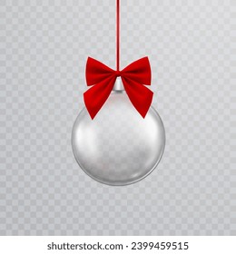 Christmas tree ball with red bow and ribbon isolated on transparent background. Vector translucent glass xmas bauble for Christmas and New Year winter holiday. 3d crystal sphere decor
