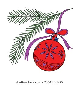 Christmas tree ball with red ribbon and green  plant element template