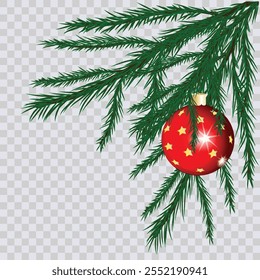 Christmas tree ball with red ribbon and green fir branch isolated on transparent background. Vector glass xmas ornament