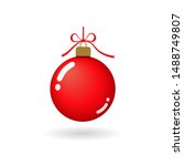 Christmas tree ball with ribbon bow. Red bauble decoration, isolated on white background. Symbol of Happy New Year, Xmas holiday celebration, winter. Flat design for card Vector illustration
