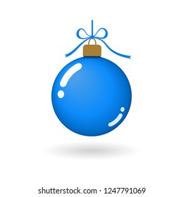 Christmas tree ball with ribbon bow. Blue bauble decoration, isolated on white background. Symbol of Happy New Year, Xmas holiday celebration, winter. Flat design for card Vector illustration