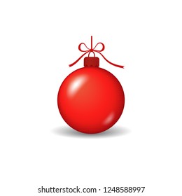 Christmas tree ball with ribbon bow. Red bauble decoration, isolated on white background. Symbol of Happy New Year, Xmas holiday celebration, winter. Flat design for card Vector illustration