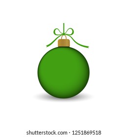 Christmas tree ball with ribbon bow. Green bauble decoration, isolated on white background. Symbol of Happy New Year, Xmas holiday celebration, winter. Flat design for card Vector illustration
