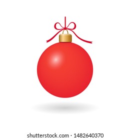 Christmas tree ball with ribbon bow. Red bauble decoration, isolated on white background. Symbol of Happy New Year, Xmas holiday celebration, winter. Flat design for card Vector illustration