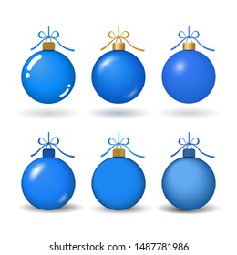 Christmas tree ball with ribbon bow. Blue bauble set decoration, isolated on white background. Symbol of Happy New Year, Xmas holiday celebration, winter. Flat design for card Vector illustration