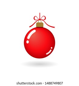 Christmas tree ball with ribbon bow. Red bauble decoration, isolated on white background. Symbol of Happy New Year, Xmas holiday celebration, winter. Flat design for card Vector illustration