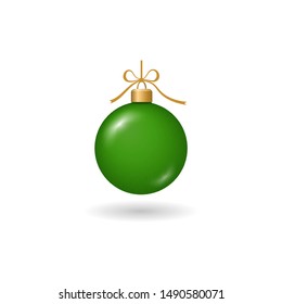 Christmas tree ball with ribbon bow. Green bauble decoration, isolated on white background. Symbol of Happy New Year, Xmas holiday celebration, winter. Flat design for card Vector illustration