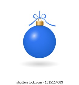 Christmas tree ball with ribbon bow. Blue bauble decoration, isolated on white background. Symbol of Happy New Year, Xmas holiday celebration, winter. Flat design for card Vector illustration