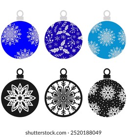 Christmas tree ball silhouettes, vector isolated illustration. Blue, black and white Christmas baubles with snowflakes, holly berries.