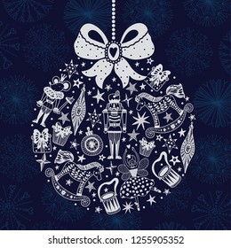 Christmas tree ball. Silver Christmas vector card. Around motif.