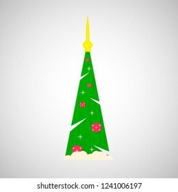 Christmas tree with ball and snowflake. isolated. Flat design, new year cartoon vector illustration, colorful icon for web, print, card, holiday interior element.