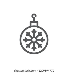 Christmas tree ball with snowflake pattern - thin outline icon with editable stroke isolated on white background. New year and xmas traditional symbol in line art style.