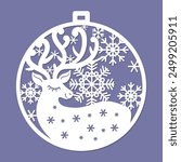 Christmas tree ball with snowflakes and a deer. Template for laser cutting from paper, cardboard, wood, metal. For the design of Christmas and New Year decorations, interior decor, cards, greetings, s