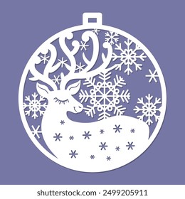 Christmas tree ball with snowflakes and a deer. Template for laser cutting from paper, cardboard, wood, metal. For the design of Christmas and New Year decorations, interior decor, cards, greetings, s