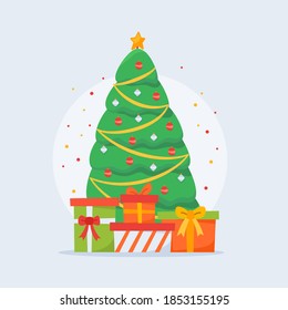 Christmas tree ball star decoration light up lamp gift box with color flat style