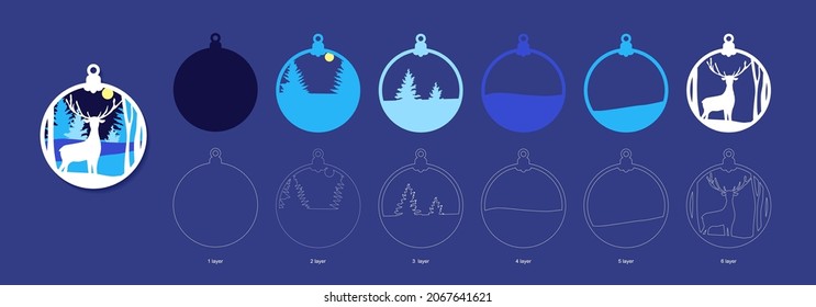 Weihnachtsbaumkugel-Vorlage zum Laserschneiden mit Schichten. Neujahr und Dekoration mit Hirsch, Winterlandschaft und Mond. Farbspielzeug aus Holz. Vektorgrafik.