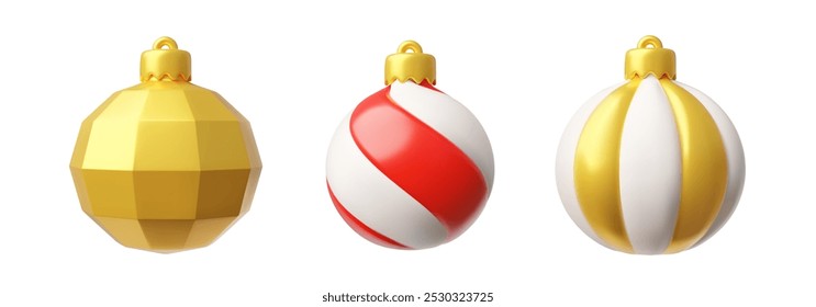 Christmas tree ball toy decorations vector set. Traditional glossy golden, red ornamental balls realistic collection. Classic festive holiday decor bright sphere toy with loop for hanged isolated