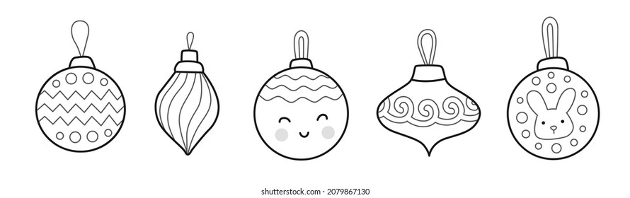 Christmas tree ball toys. Holiday decoration. Outline illustration. Vector isolated emblem for logo, coloring book, tattoo, print. Cartoon character.