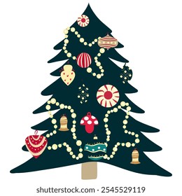 Árbol de navidad con la Ilustración vectorial de los juguetes de la bola de la Navidad