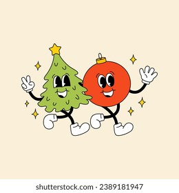 Christmas tree and ball walking together and have fun. Vector illustration with retro groovy characters. Holiday poster, greeting card, print