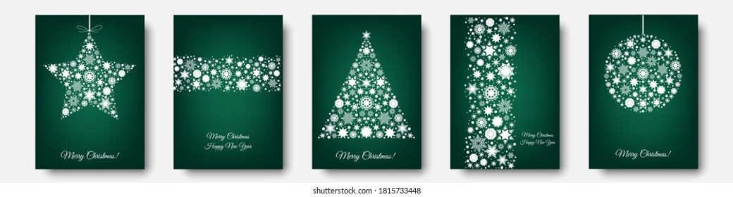 Christmas tree, ball with  white  holiday pattern from snowflakes, xmas elements and decorations. Vector New Year green background  for greeting card, invitation.