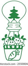 Christmas tree ballon carries cute bunnies for an adventure illustration
