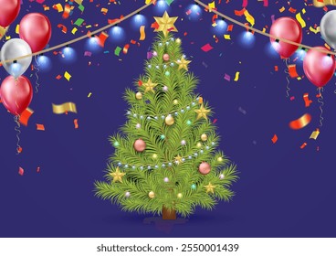 Christmas tree with balloons and confetti on blue background. Vector illustration.