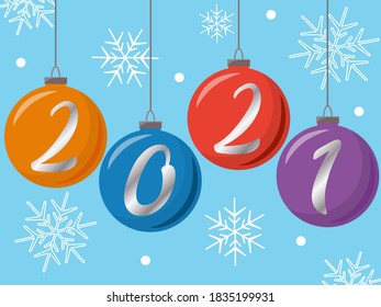 Christmas tree balloons with numbers 2021 and snowflakes. Vector concept template in flat style.