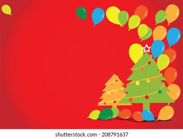 Christmas tree with balloons on red background, vector illustration. 
