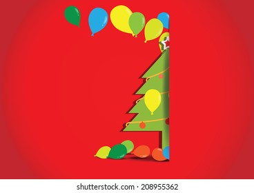 Christmas tree with balloons on red background, vector illustration. 