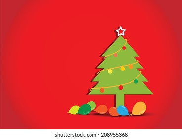 Christmas tree with balloons on red background, vector illustration. 