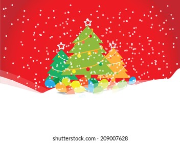 Christmas tree with balloons on red background, vector illustration. 