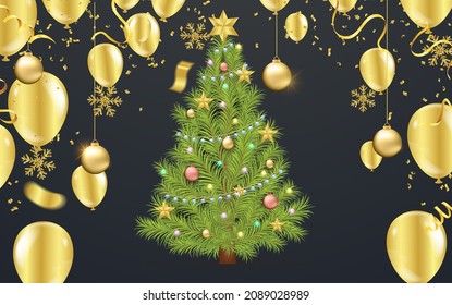 Árbol de Navidad con globos, día de compras simple y limpio. OFERTA ESPECIAL Venta de cena. comprar en línea. Feliz año nuevo