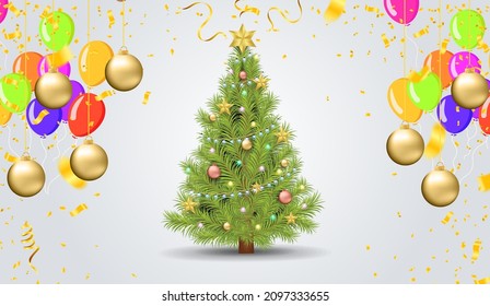 Árbol de Navidad con globos, día de compras simple y limpio. OFERTA ESPECIAL Venta de cena. comprar en línea. Feliz año nuevo