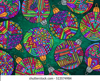 Christmas tree balls background. Zentangle New Year wallpaper. Holiday abstract grunge background. Vector illustration for Christmas printed products or web design. 