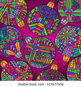 Christmas tree balls background. Zentangle New Year wallpaper. Holiday abstract grunge background. Vector illustration for Christmas printed products or web design. 
