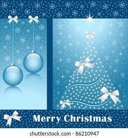 Christmas tree, balls, bows, stars, snowflakes and snow on a blue background. Raster also available.