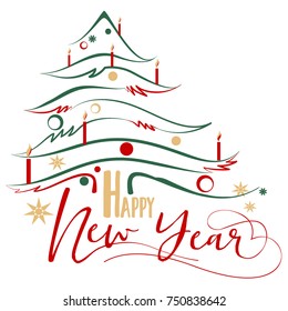 Christmas tree with balls and candles. Text: Happy New Year. 