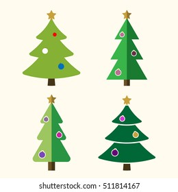 Christmas tree with balls cartoon icons set. Green silhouette decoration trees signs isolated on white background. Flat design. Symbol of holiday, Christmas celebration, New Year Vector illustration