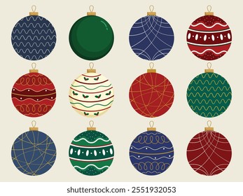 Christmas tree balls collection. Colorful set of Christmas baubles. Vector glass balls illustration. Christmas tree decoration