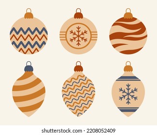 Christmas tree balls collection in retro 70s style isolated on white background. Vector illustration.